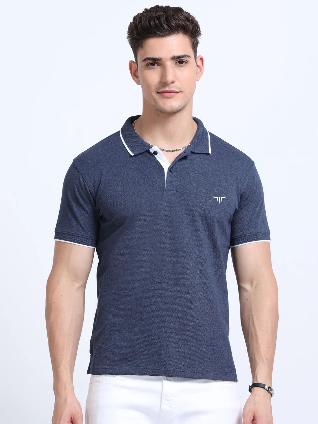 Titan Polo Tshirts – Navy Melange with White Tipping
